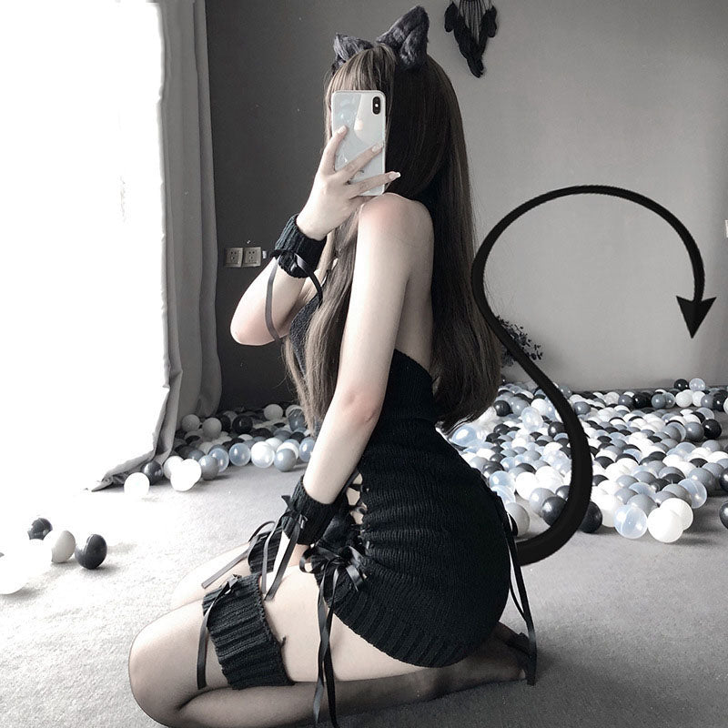 "BLACK/WHITE HOLLOW LACE SEXY KNITTED" DRESS N031501
