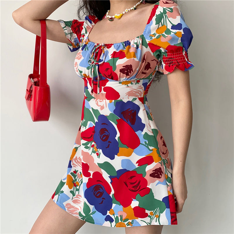 "SQUARE COLLAR PRINTED PUFF SLEEVE" DRESS UB2393
