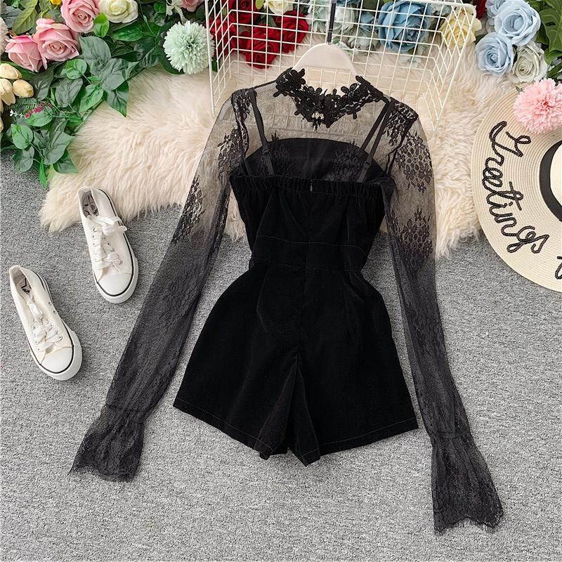 "BLACK LACE EMBROIDERED VELVET" JUMPSUITS N042404
