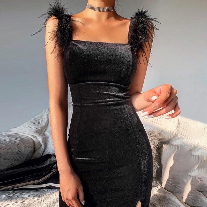 [@vsioana ]"BLACK SPLIT FUR SHOULDER" DRESS N111003