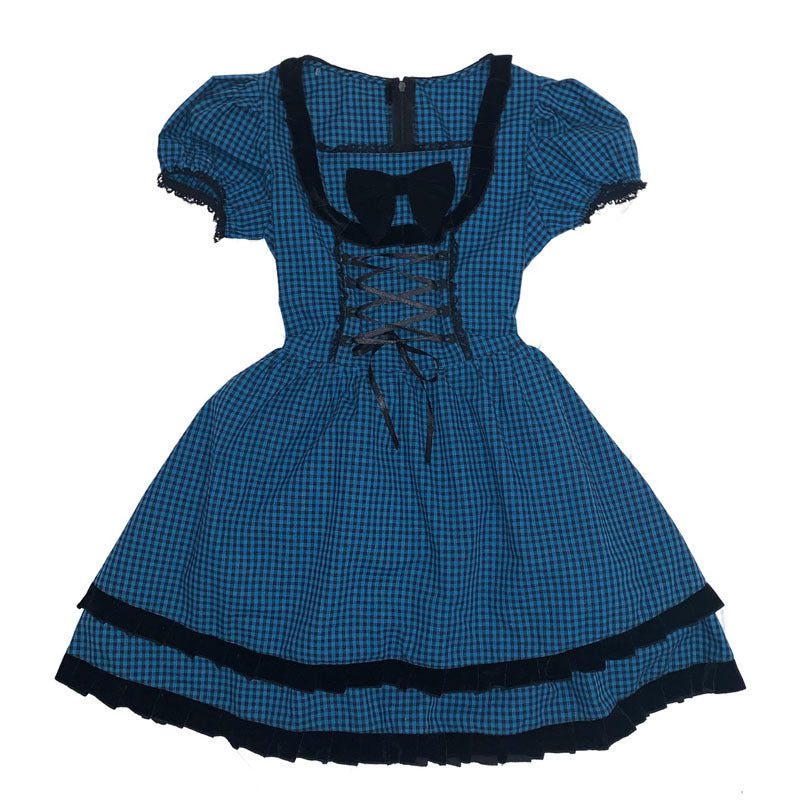 LOLITA BLUE PLAID BOW PUFF SLEEVE DRESS UB2731