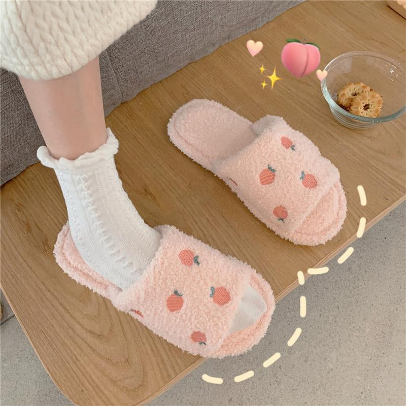 PINK/WHITE PEACH EMBROIDERED PLUSH SLIPPERS UB2764
