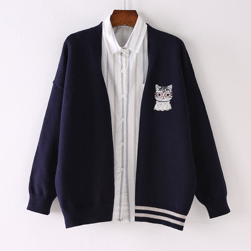 "CARTOON CAT EMBROIDERY KNITTED" CARDIGAN N123003