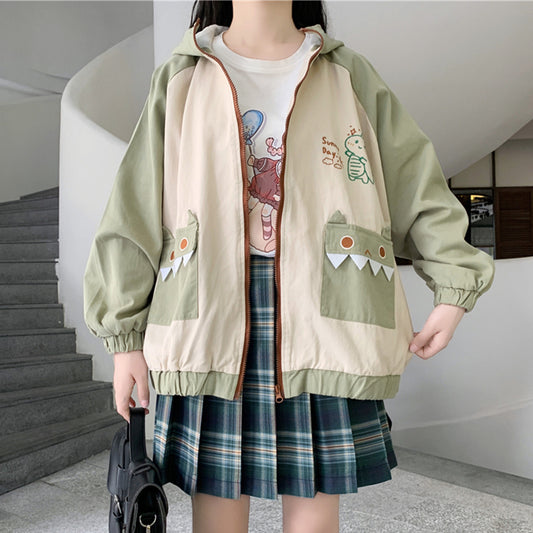 GREEN DINOSAUR PRINT HOODED JACKET UB2792