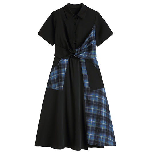 BLUE BLACK PLAID COLOR BLOCK DRESS UB2836