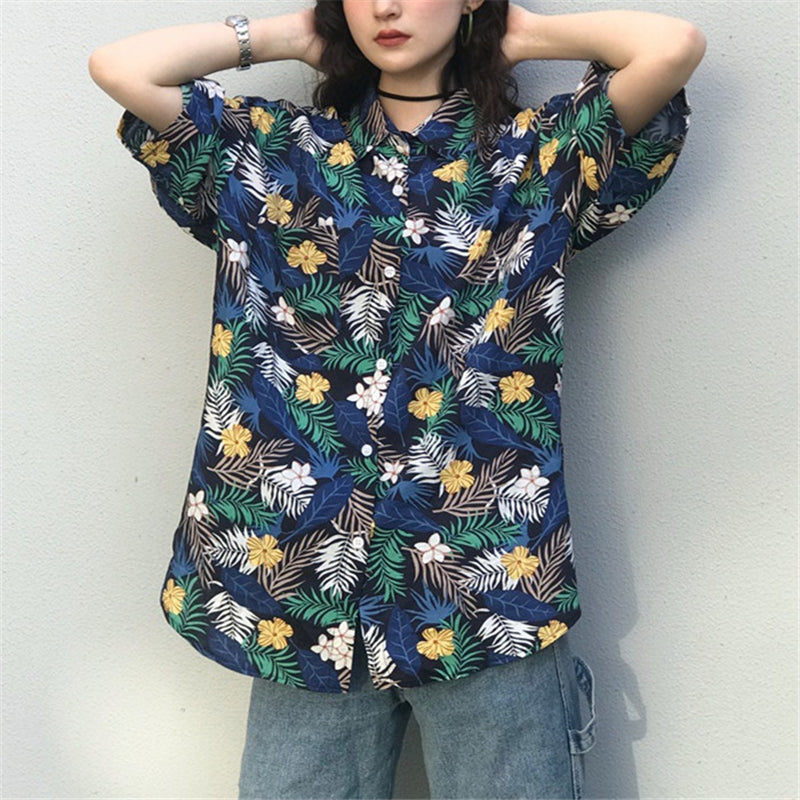 RETRO FLORAL CHIFFON SHORT SLEEVE SHIRT UB2698