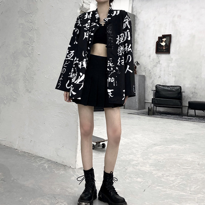 "BLACK RETRO CHINESE CHARACTER PRINT" SHIRT UB2376