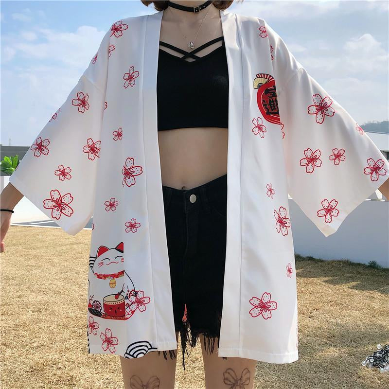 [@ronyahmononoke] BLACK WHITE SAKURA FORTUNE CAT CARDIGAN UB2639