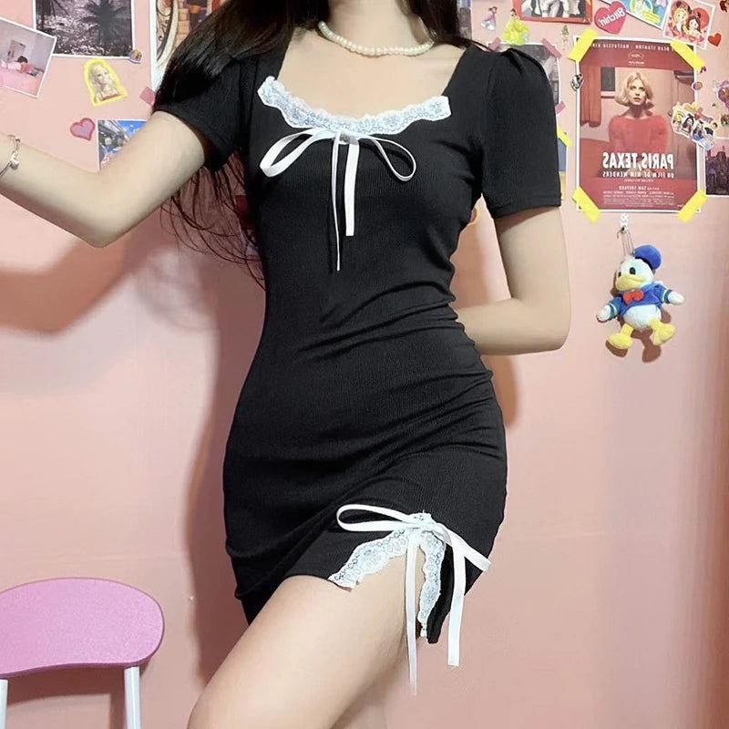 BLACK LACE AND BOW SPLIT DRESS UB2475