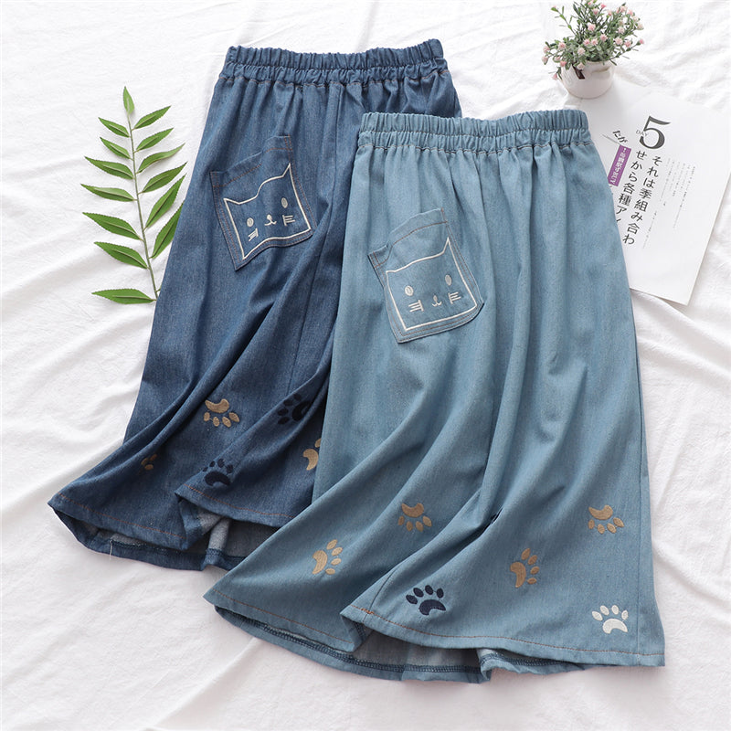 BLUE CAT FOOTPRINT EMBROIDERED DENIM SKIRT UB2498
