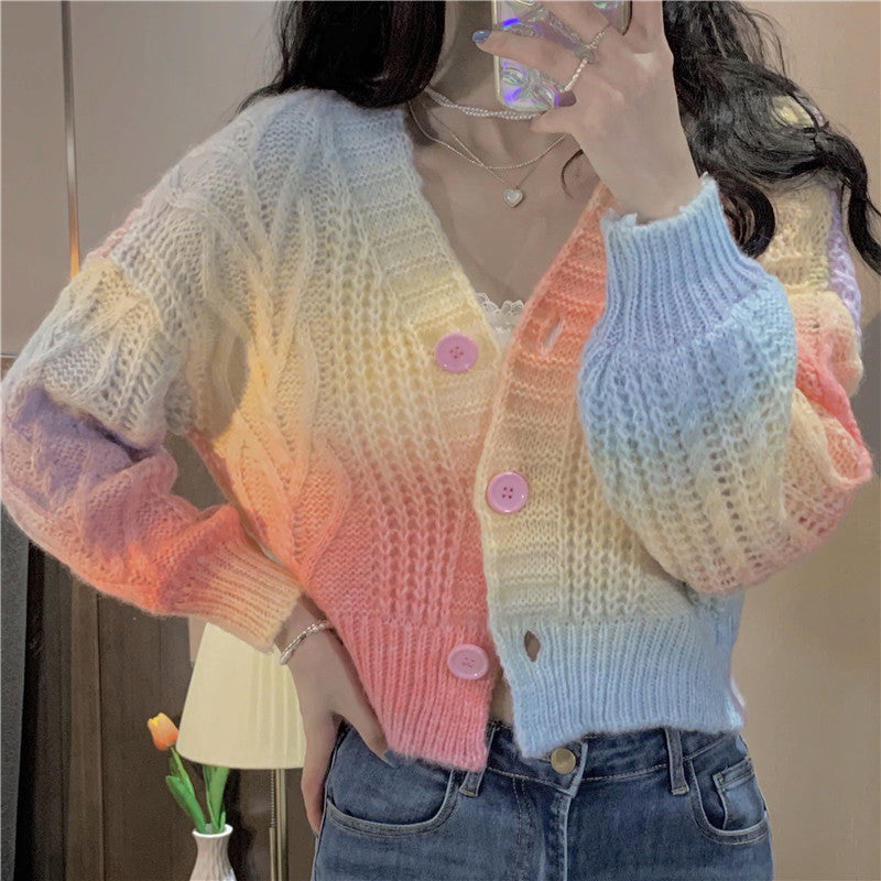 CHIC GRADIENT RAINBOW TIE-DYE KNITTED CARDIGAN UB2819