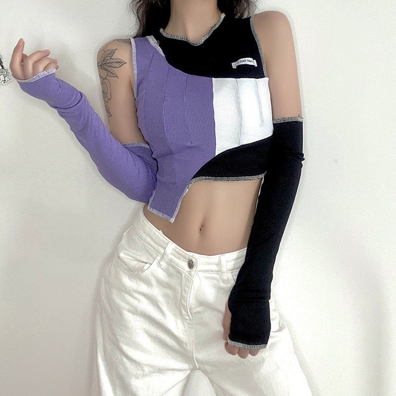 [@emily.ghoul ] "IRREGULAR CONTRAST COLOR STITCHING" CROP TOP ( FREE SLEEVES ) N111007