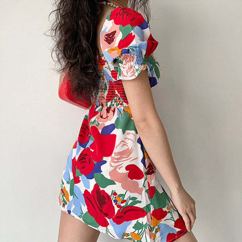 "SQUARE COLLAR PRINTED PUFF SLEEVE" DRESS UB2393