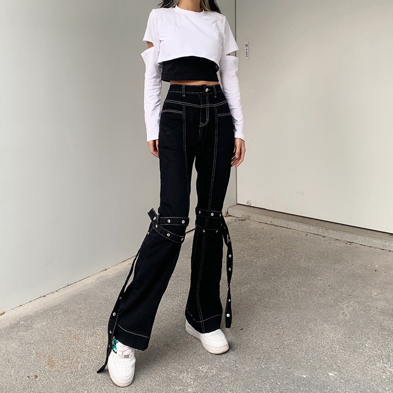 "DARK EYELET STRAPPY CASUAL" JEANS N033001