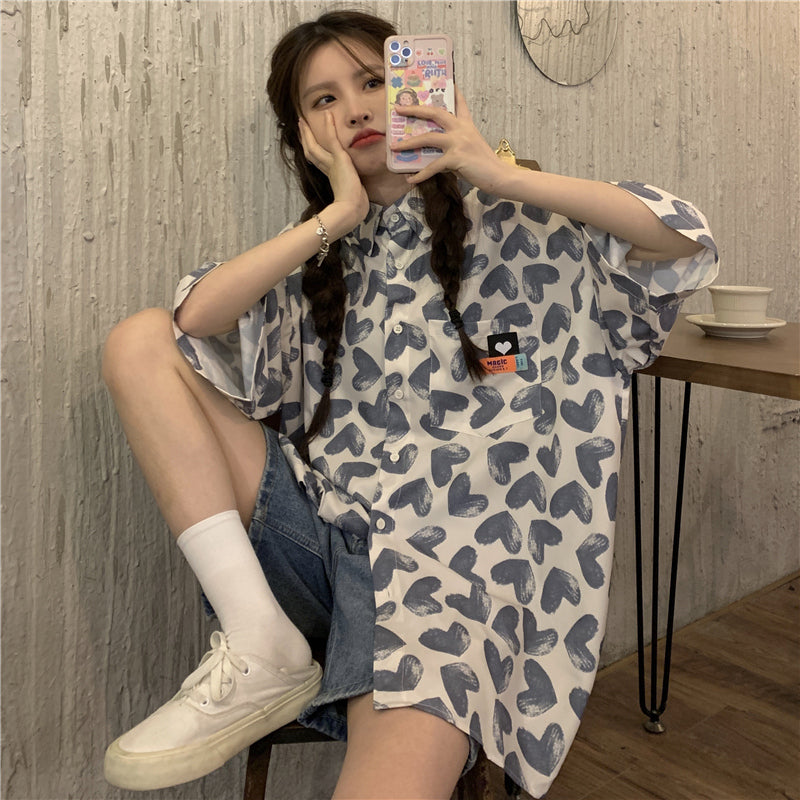 BLUE LOVE PRINT SHORT SLEEVE SHIRT UB2697