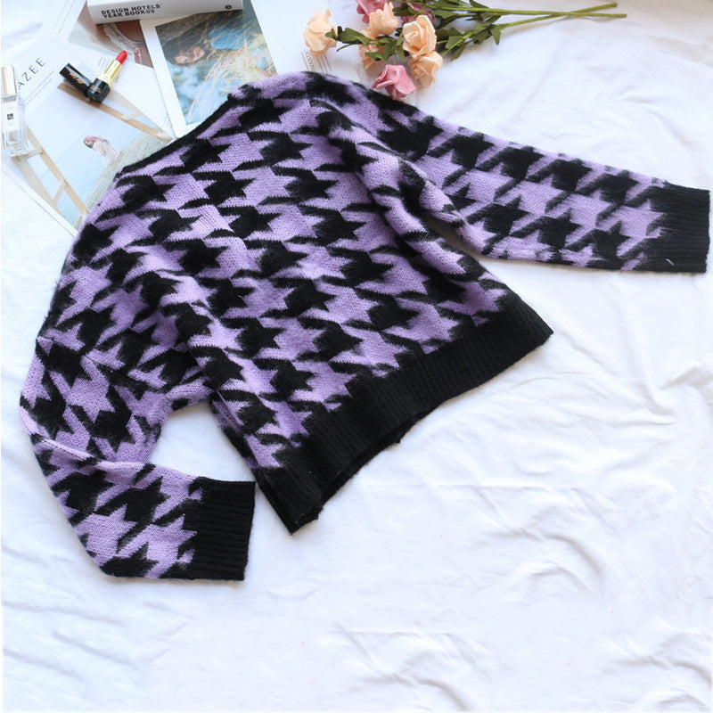 [@izabela_zabielska]"PURPLE BLACK HOUNDSTOOTH FURRY KNIT" CARDIGAN N110908