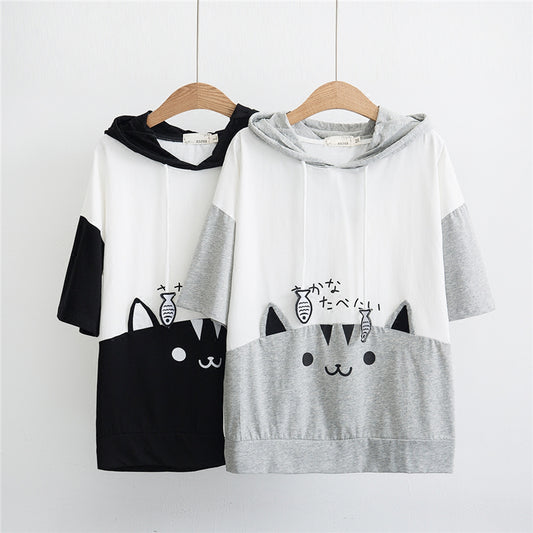 "CUTE CARTOON CAT SHORT SLEEVE" HOODIE N050702