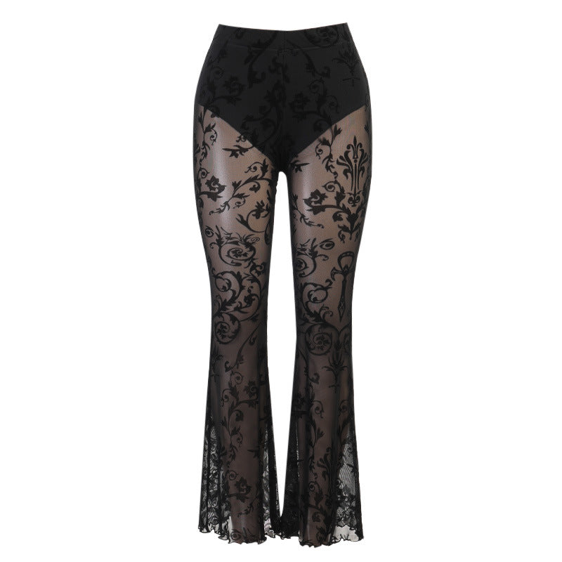 "BLACK PRINTED LACE MESH FLARED" PANTS N053104