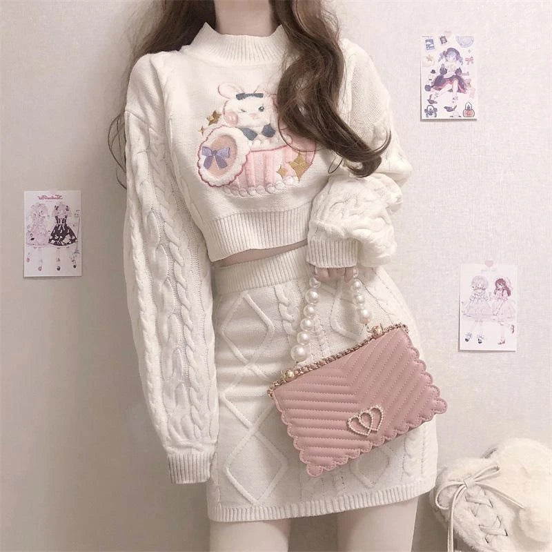 "CUTE RABBIT BUNNY EMBROIDERY SWEATER" TOP/SKIRT N030901