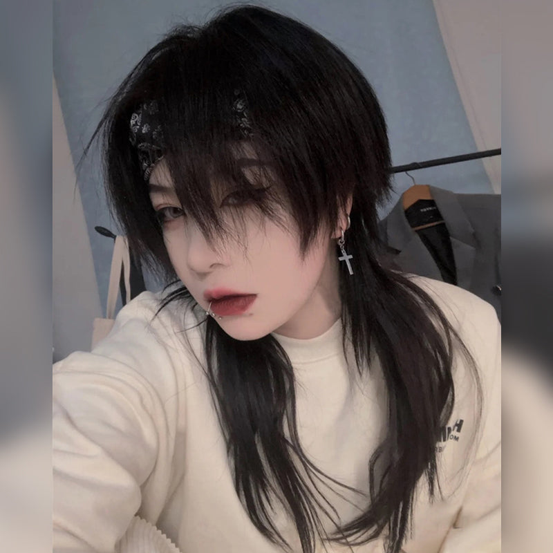 [@flutterow_] Black Lazy Trailing Irregular Straight Wig UB2386