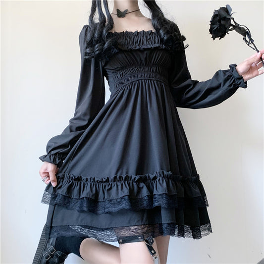 "RETRO DARK LACE PUFF SLEEVE" DRESS N040803