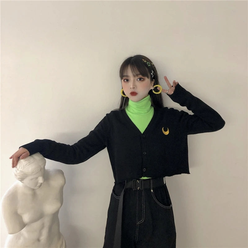 "GREEN T-SHIRT + MOON SWEATER CARDIGAN" TWO-PIECE SUIT UB2464