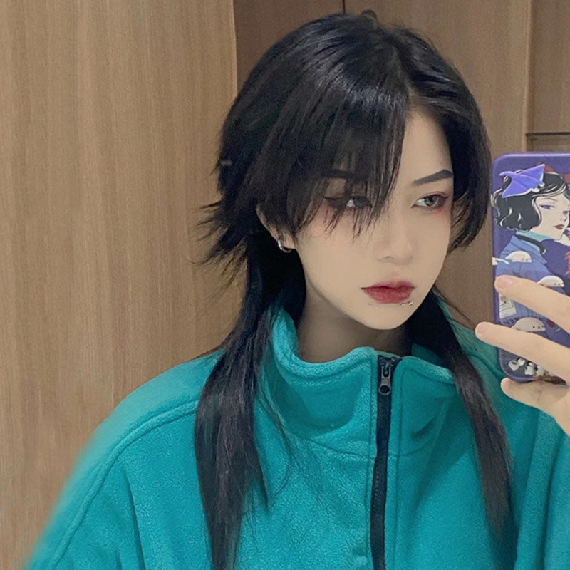 [@flutterow_] Black Lazy Trailing Irregular Straight Wig UB2386