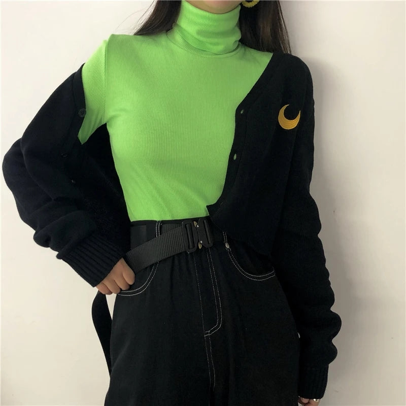 "GREEN T-SHIRT + MOON SWEATER CARDIGAN" TWO-PIECE SUIT UB2464