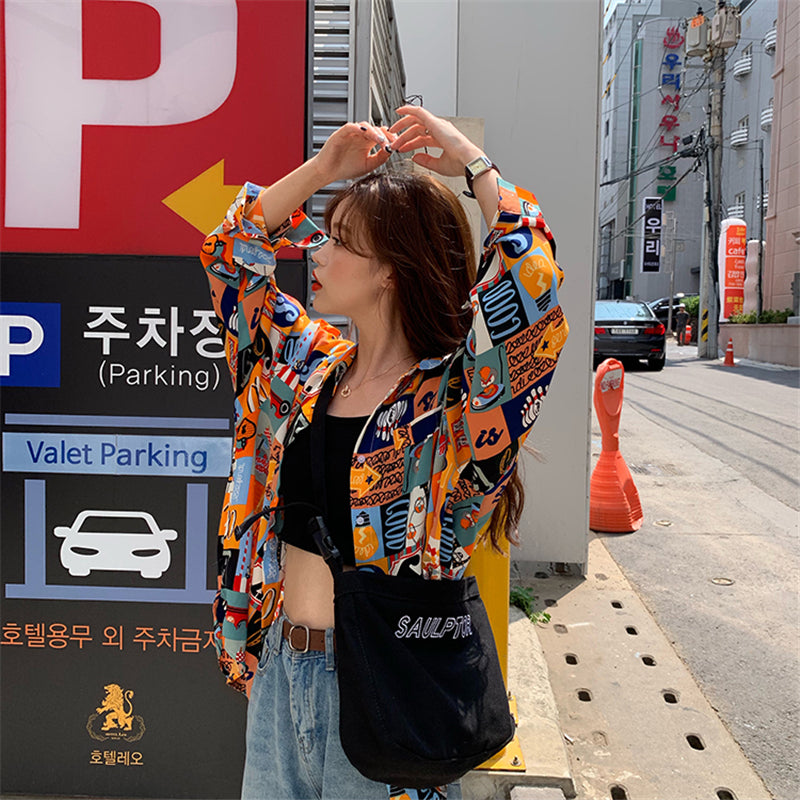 "VINTAGE ORANGE FLORAL LONG SLEEVE" SHIRT N042605