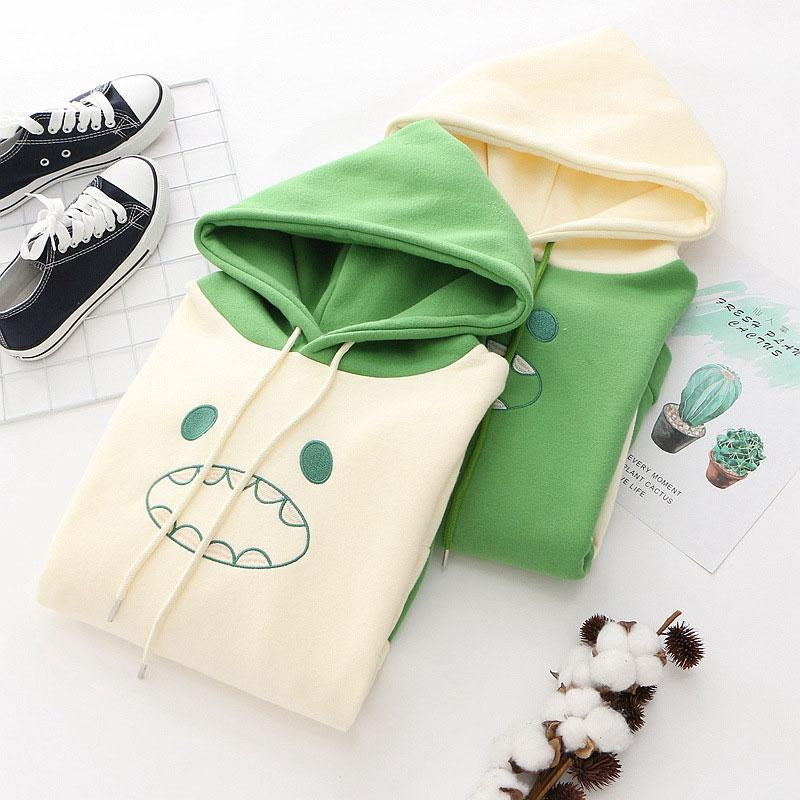 APRICOT GREEN STITCHING CUTE DINOSAUR HOODIE UB2641