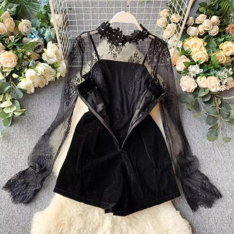 "BLACK LACE EMBROIDERED VELVET" JUMPSUITS N042404