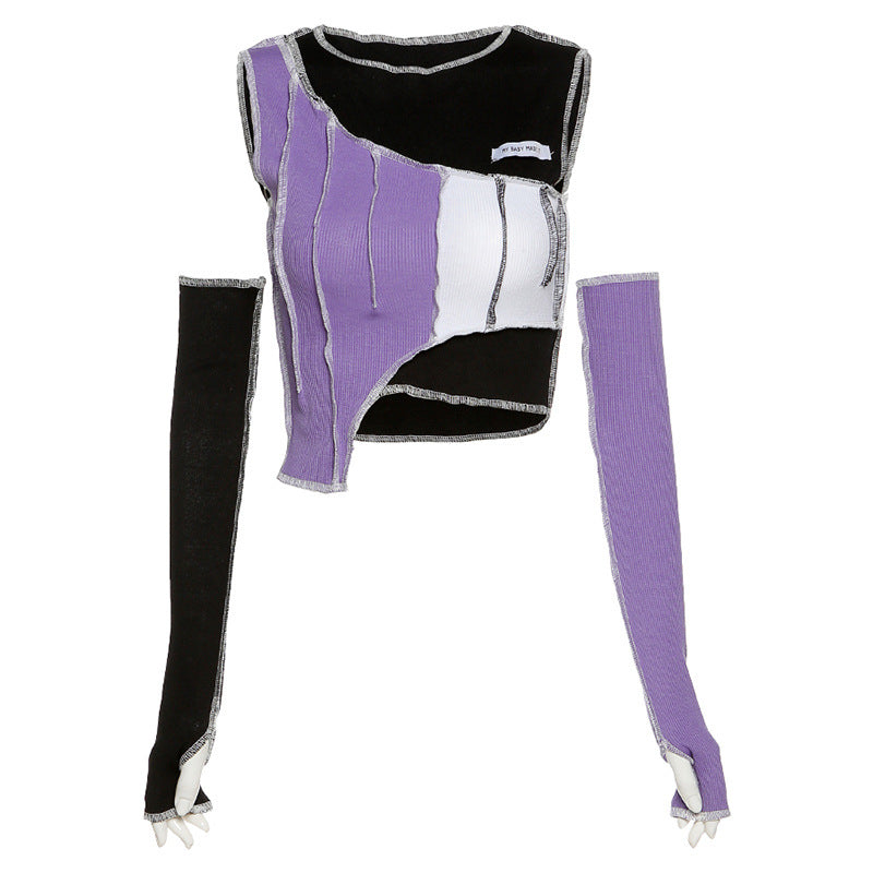 [@emily.ghoul ] "IRREGULAR CONTRAST COLOR STITCHING" CROP TOP ( FREE SLEEVES ) N111007