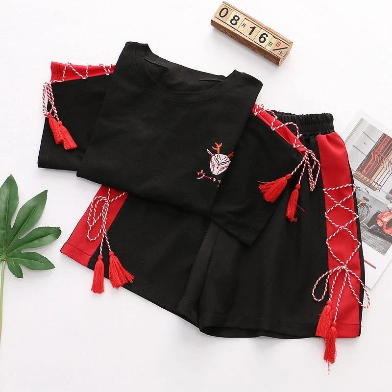 "DEER EMBROIDERY TASSELS LACE UP" T-SHIRT SHORTS SET N081207