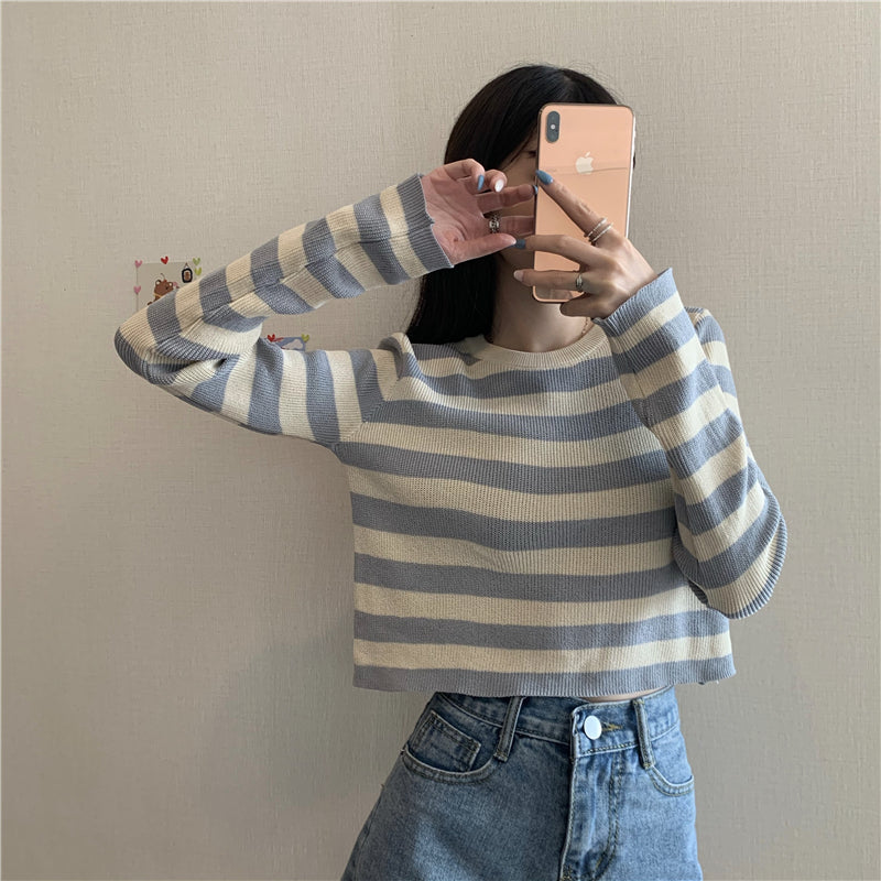 "CONTRAST STRIPED LONG SLEEVE" CROP TOP N091604