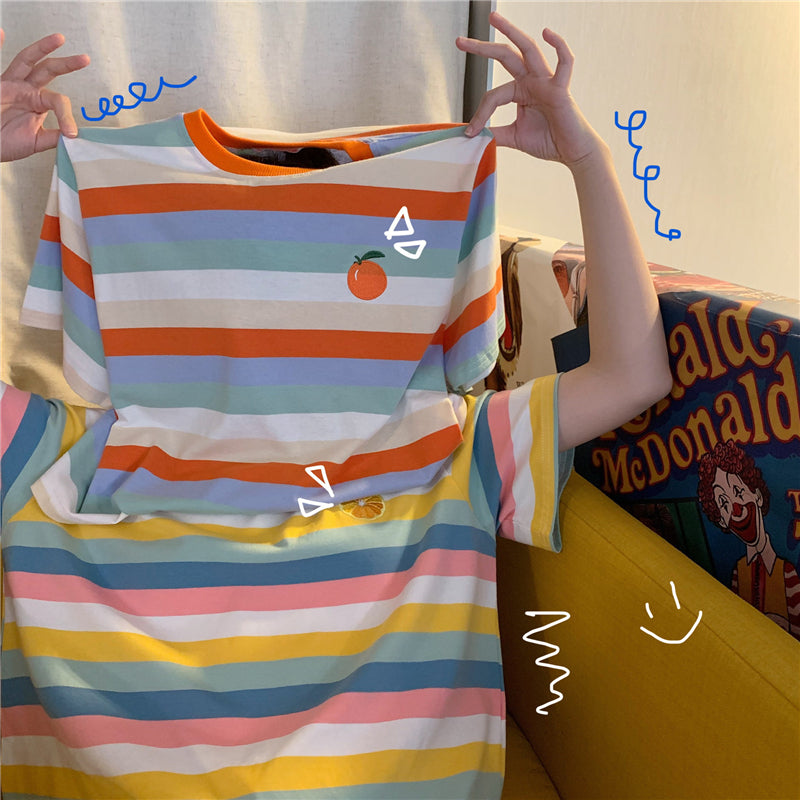 "RAINBOW STRIPED EMBROIDERY FRUITS" T-SHIRT N072209