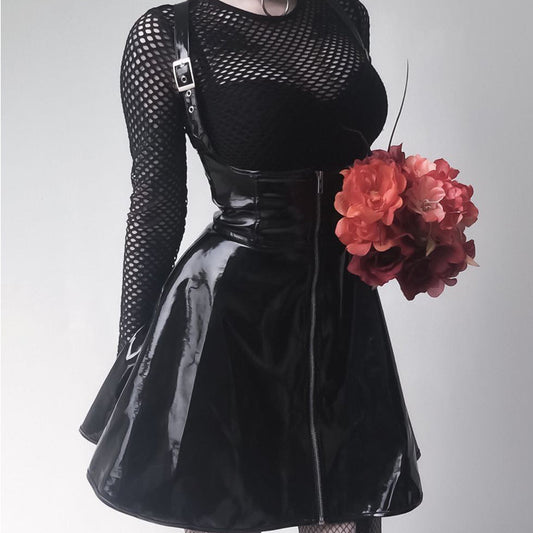 "BLACK PU LEATHER ZIPPER STRAP" DRESS UB2346
