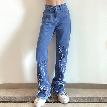 "FIVE-POINTED STAR PRINT FRAYED" JEANS N033106