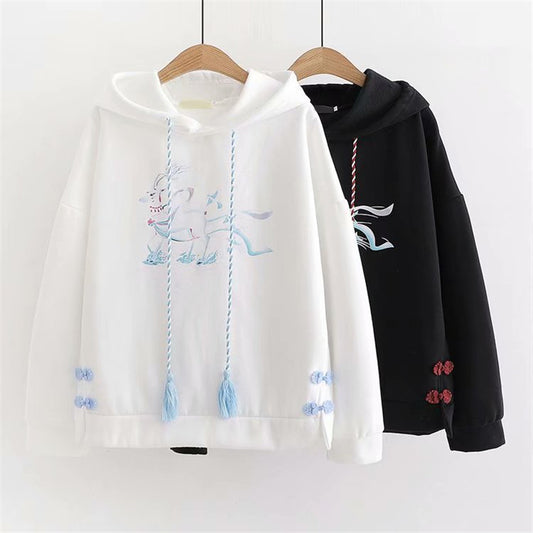 BLACK/WHITE FAWN PRINT FRINGE HOODIE UB2680