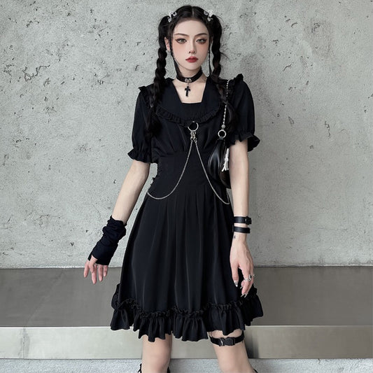"DARK CHAIN RUFFLES PUFF SLEEVE" DRESS N053101
