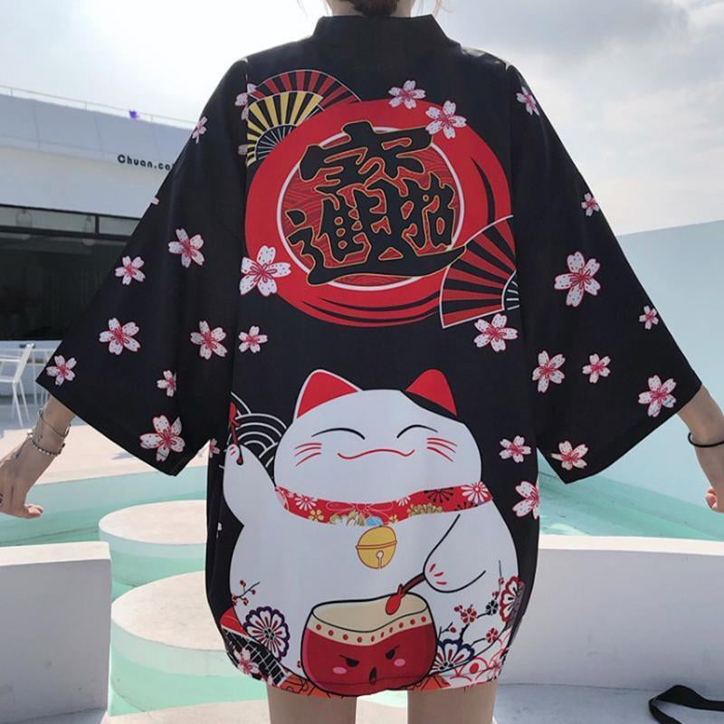 [@ronyahmononoke] BLACK WHITE SAKURA FORTUNE CAT CARDIGAN UB2639