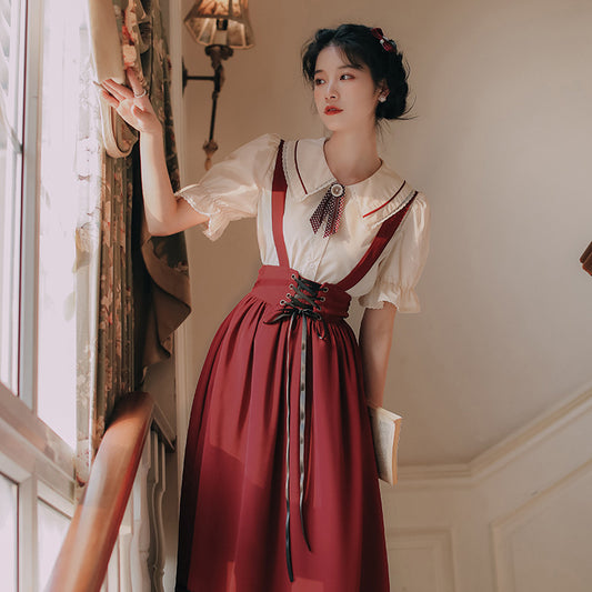 "CUTE PUFF SLEEVE SHIRT + STRAP SKIRT" SUIT N041603