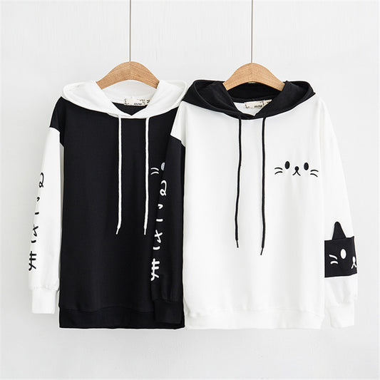 BLACK WHITE CARTOON CAT EMBROIDERY HOODIE UB2488