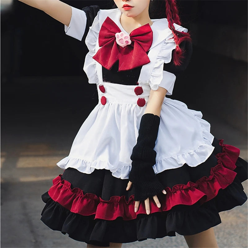red maid dress Wreesh Womens Maid Outfit Cute Bow Lolita Gothic Dress Luxury Flare Sleeve Ruffle Dresses Elegant Vintage Evening Dress Princess Ball Gowns Red,