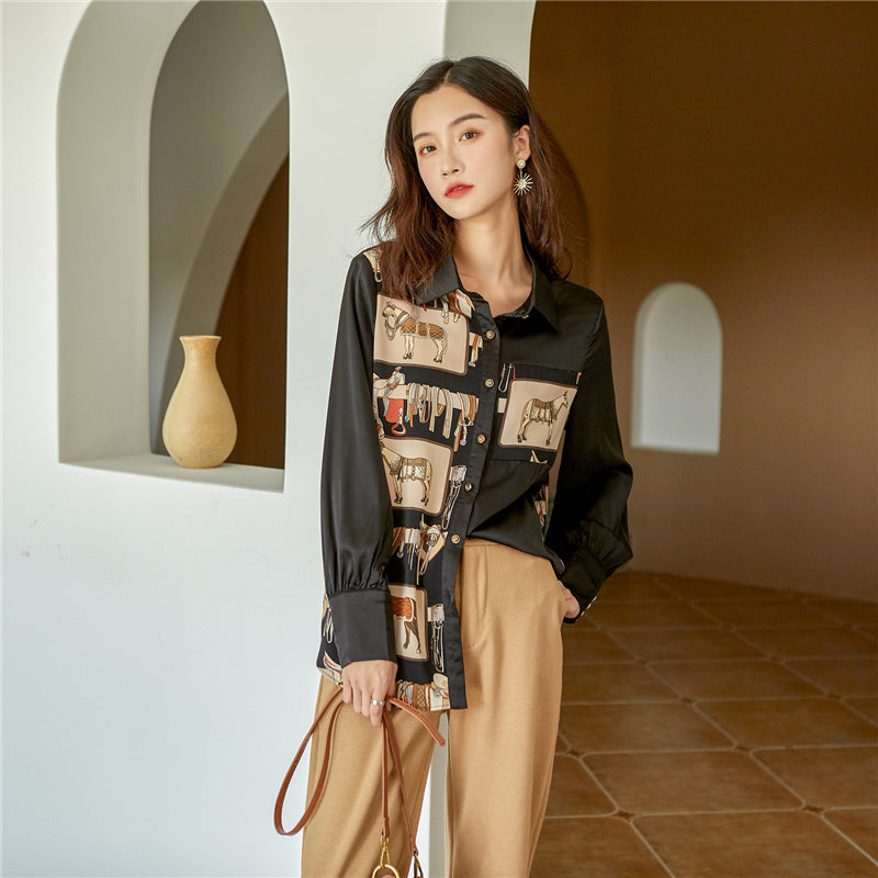 BLACK BROWN VINTAGE HORSE PRINT SHIRT UB2833