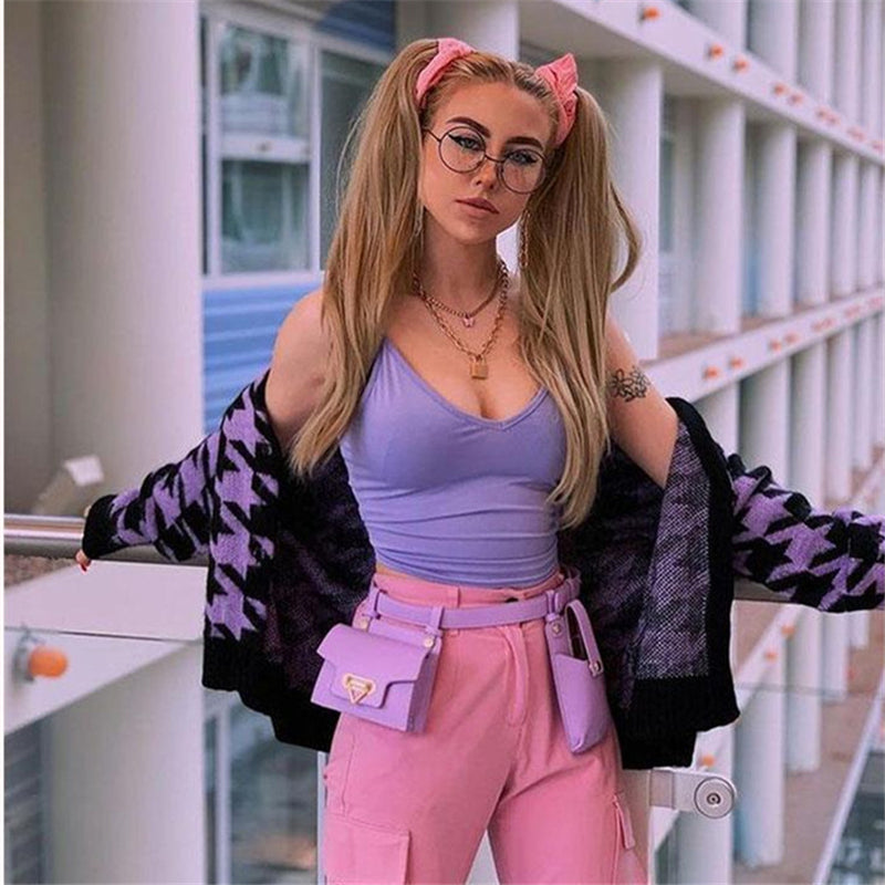 [@izabela_zabielska]"PURPLE BLACK HOUNDSTOOTH FURRY KNIT" CARDIGAN N110908