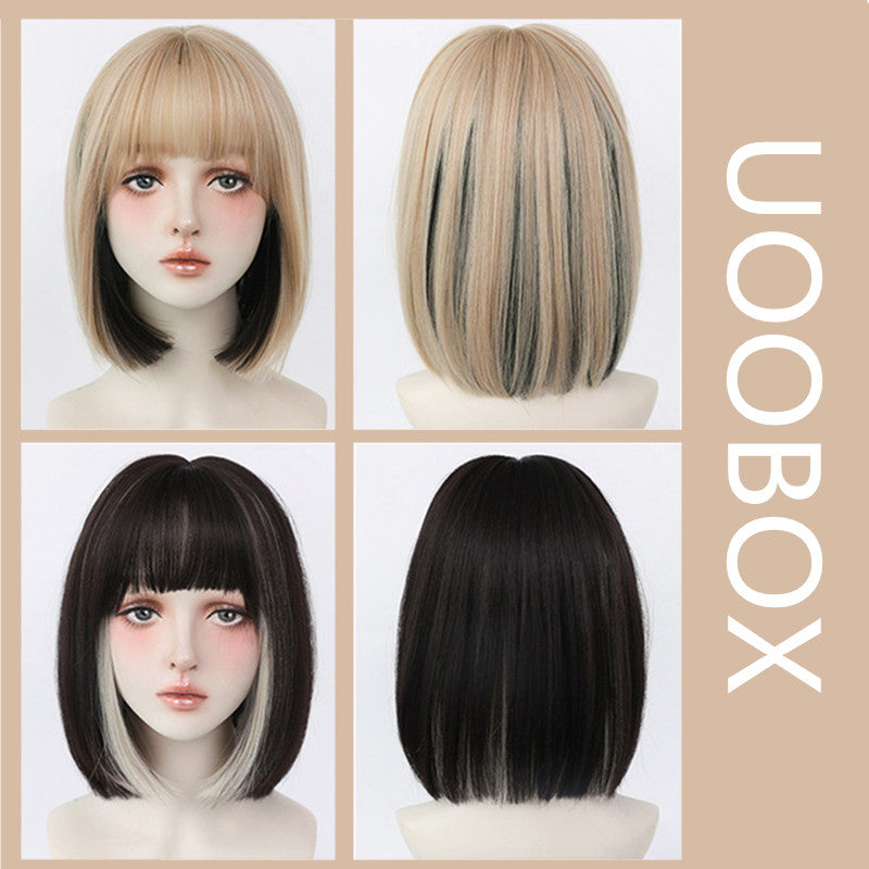 BEIGE BLACK NATURAL BANGS SHORT STRAIGHT WIG UB2566