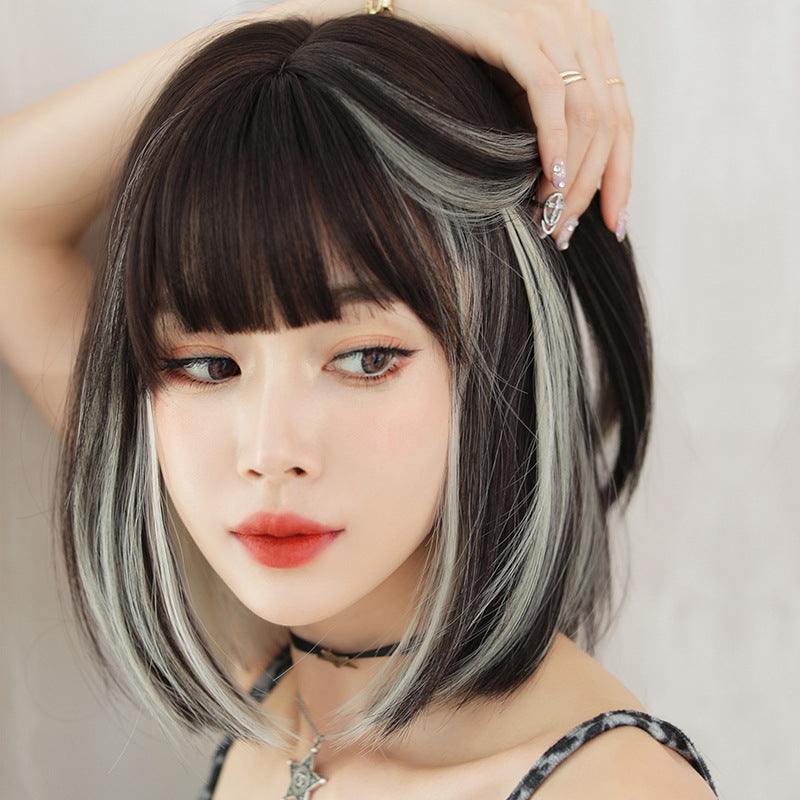 BEIGE BLACK NATURAL BANGS SHORT STRAIGHT WIG UB2566