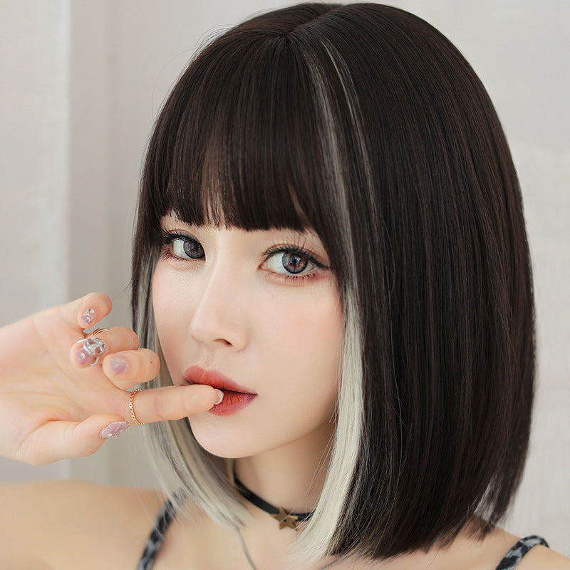 BEIGE BLACK NATURAL BANGS SHORT STRAIGHT WIG UB2566