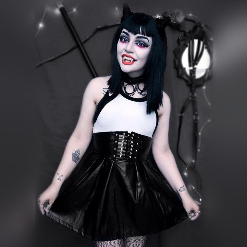 [@nightmarekittykat] "BLACK LACE-UP FAUX LEATHER HIGH WAIST PLEATED" SKIRT D052908