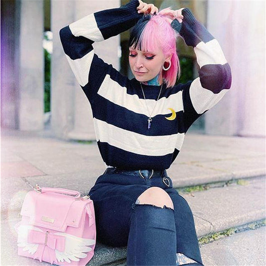 "EMBROIDERY MOON STRIPE" PULLOVER SWEATER K082807